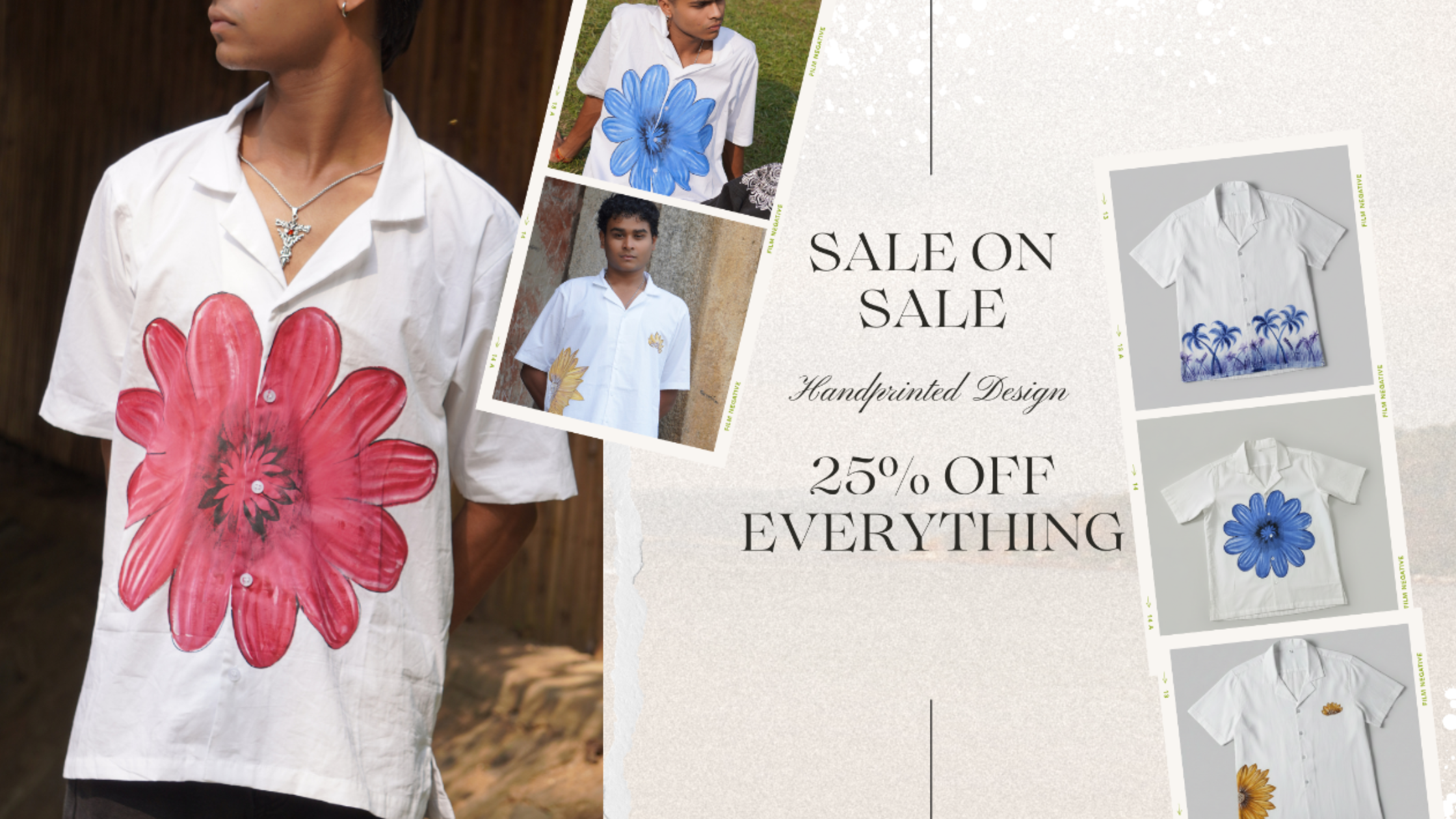Person wearing a white shirt with a pink flower design, surrounded by promotional text and images of similar shirts.